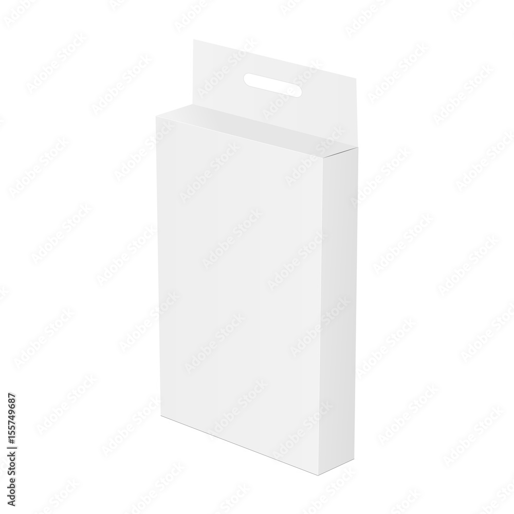 White paper box mockup with hang tab - half side view. Template for your design ideas. Vector illustration White paper box mockup with hang tab - half side view. Template for your design ideas. Vector illustration