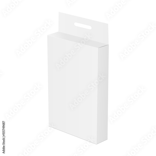 White paper box mockup with hang tab - half side view. Template for your design ideas. Vector illustration