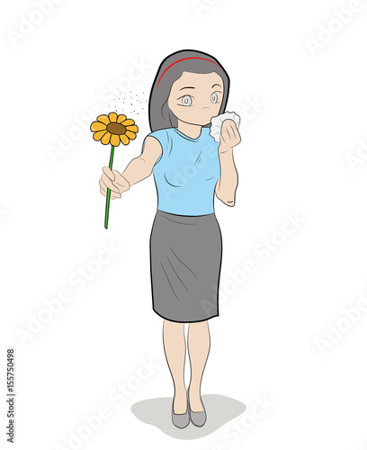 The girl is holding the flower closing from allergies. Hand drawn cartoon vector illustration for medical design and infographics.
