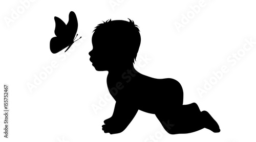 Vector silhouette of baby butterfly on white background.
