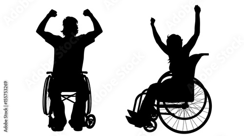 Vector silhouette of couple on wheelchair on white background.