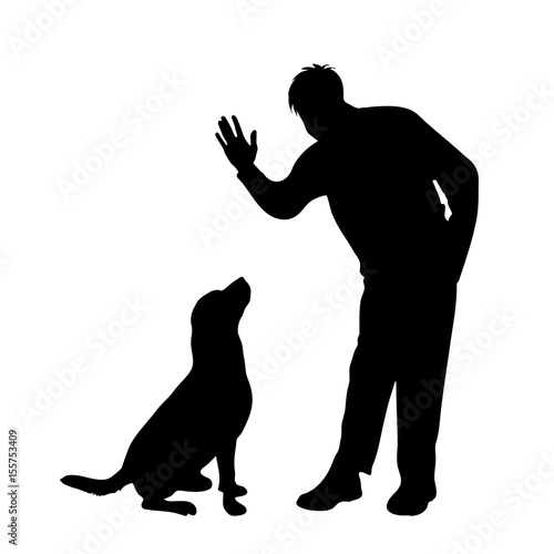 Vector silhouette of man with dog on white background.