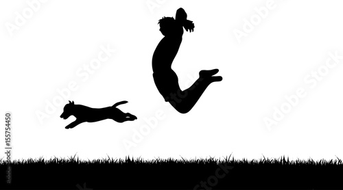 Vector silhouette of man with dog on white background.