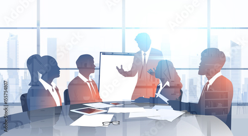 Silhouette Business People Team With Flip Chart Seminar Training Conference Brainstorming Presentation In Modern Office Flat Vector Illustration