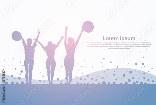 Black Silhouette Girls Group Cheerful Raised Hands Full Length Happy Woman Holding Hats Flat Vector Illustration