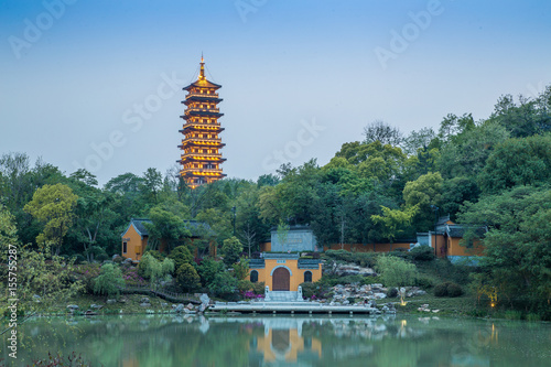 Qiling Pagoda in Daming Temple at night. It is in Yangzhou, Jiangsu province, China photo