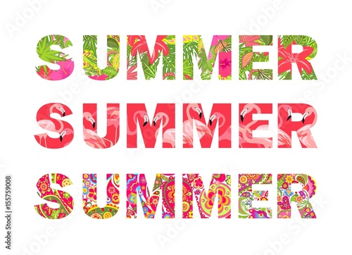 T-shirt prints collection with colorful floral summer lettering with tropical flowers and flamingo