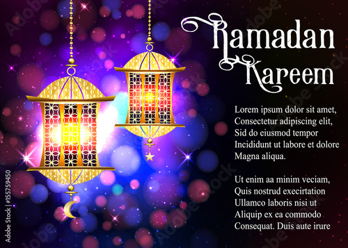Ramadan Kareem greeting on blurred background with beautiful illuminated arabic lamp. Vector illustration.