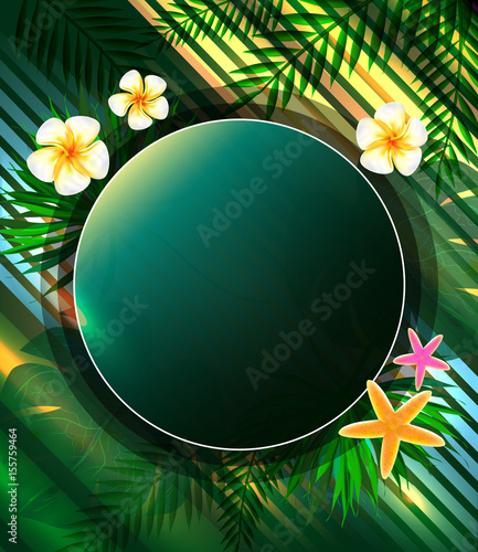 Summer Party Poster with palm leaf and tropical flowers. Background Template. Vector illustration