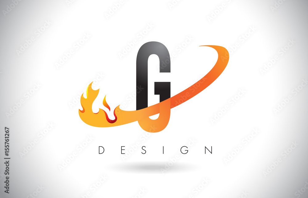 G Letter Logo with Fire Flames Design and Orange Swoosh. G Letter Logo with Fire Flames Design and Orange Swoosh.