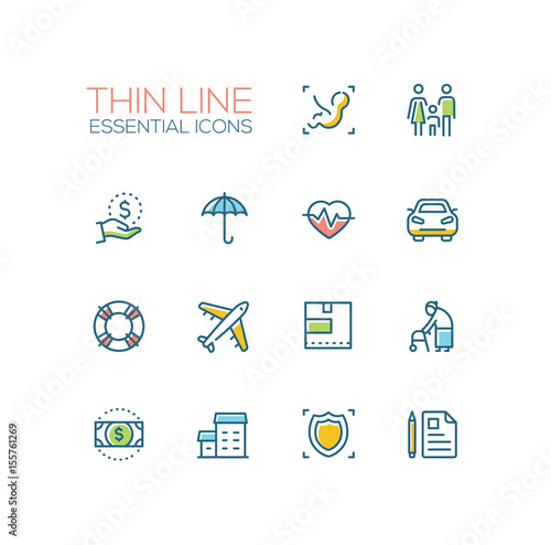 Insurance - modern vector single thin line icons set