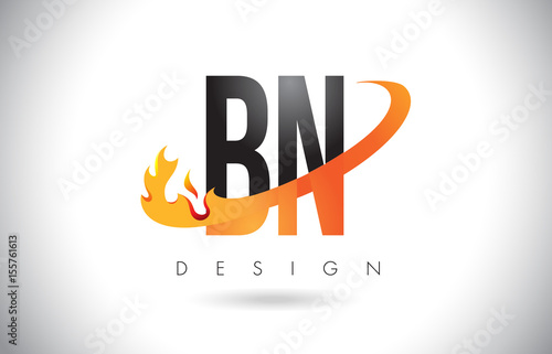 BN B N Letter Logo with Fire Flames Design and Orange Swoosh.