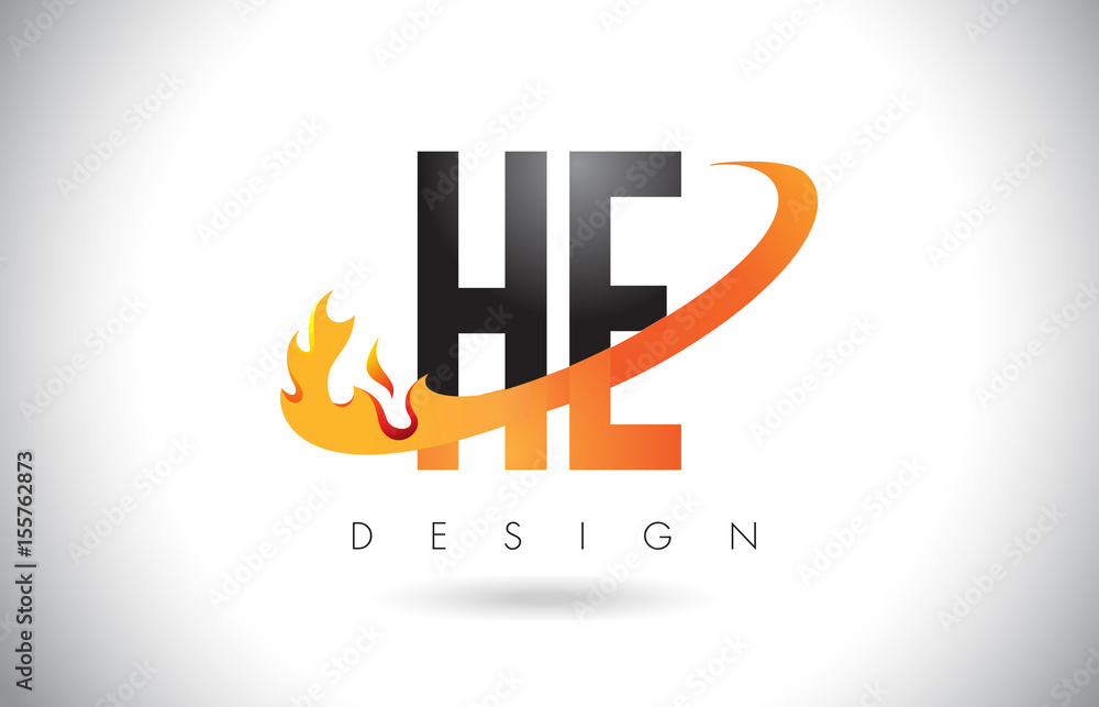 HE H E Letter Logo with Fire Flames Design and Orange Swoosh. HE H E Letter Logo with Fire Flames Design and Orange Swoosh.
