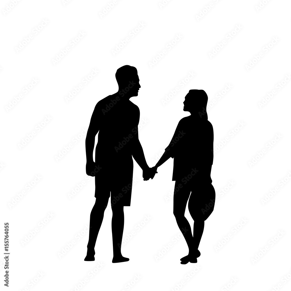 Black Silhouette Romantic Couple Holding Hands Full Length Isolated Over White Background Lovers Man And Woman Flat Vector Illustration