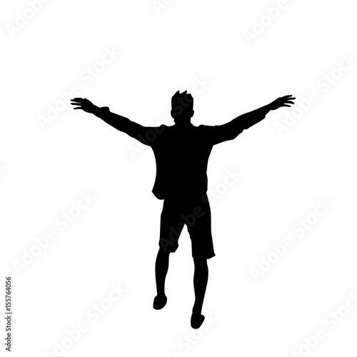 Black Silhouette Man Cheerful Raised Hands Full Length Isolated Over White Background Happy Guy Flat Vector Illustration