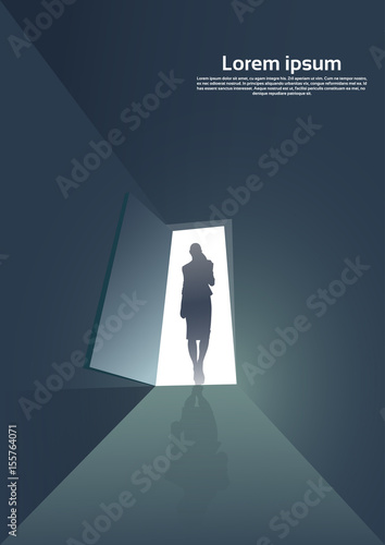 Business Woman Silhouette Standing at Door Entrance New Opportunity Concept Vector Illustration