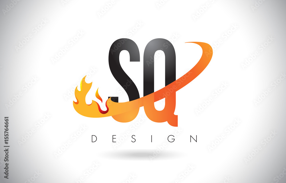 SQ S Q Letter Logo with Fire Flames Design and Orange Swoosh. SQ S Q Letter Logo with Fire Flames Design and Orange Swoosh.