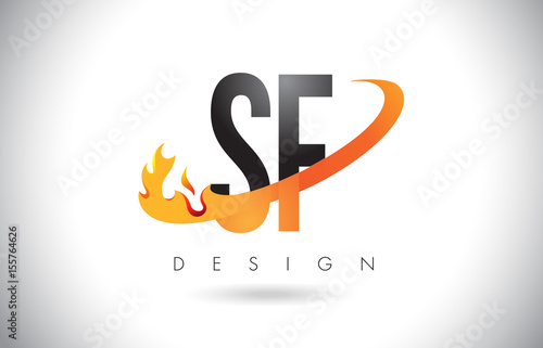 SF S F Letter Logo with Fire Flames Design and Orange Swoosh.