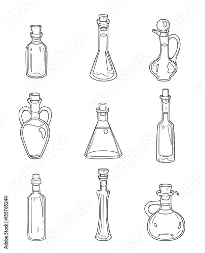 9 isolated doodle bottles. Sketchy hand drawn set of different kinds of bowls, jugs, vials, decanters with water or fluids. Outline icons of beverages in glass for kitchen, medicine, cosmetics needs. 