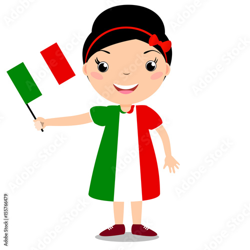 Smiling child, girl, holding a Italy flag isolated on white background. Cartoon mascot. Holiday illustration to the Day of the country, Independence Day, Flag Day.