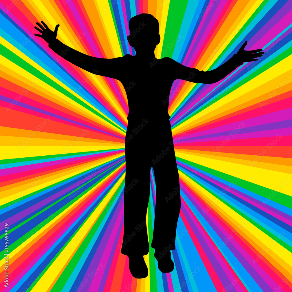 Silhouette dancing human, music battle party, disco ray background.
