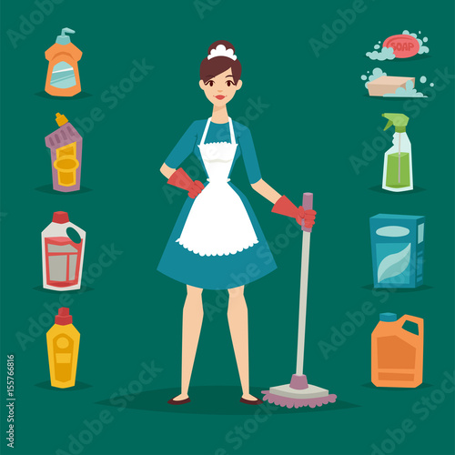 Housewife girl homemaker cleaning pretty girl wash cleanser chemical housework product equipment vector.