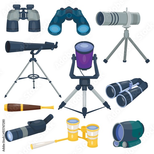 Professional camera lens binoculars glass look-see spyglass optics device camera digital focus optical equipment vector illustration