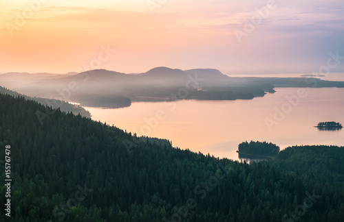Scenic landscape with lake and sunset at evening in national park
