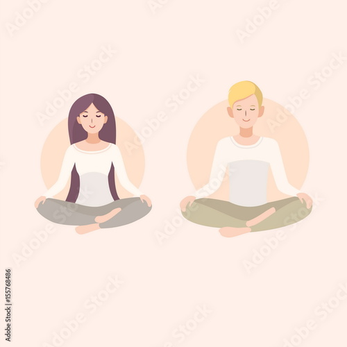 Young woman and man couple meditating in lotus pose. Relaxation, isolated people illustration.