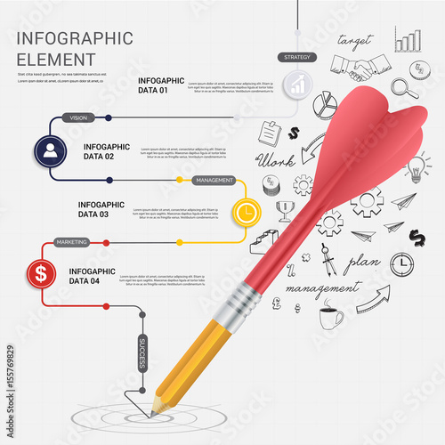 Pencil dart writing line arrow to dartboard goal.Business infographic options.can used for banner diagram workflow and web design layout,  presentation templates background.Vector illustration.