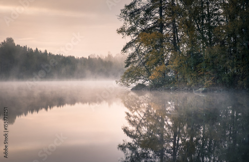 Nice morning light at autumn in little pond Finland