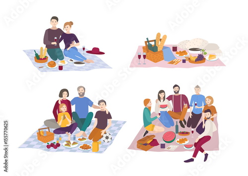 Picnic in park, vector illustration set. Couple, friends, family, outdoors. people recreation scene in flat style.