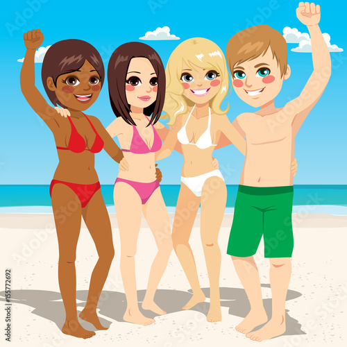 Young teenagers friends together at beach on vacation