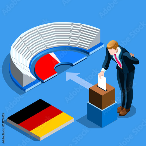 Vector infographic Germany election voting concept German man putting paper in the isometric ballot box. Isometric people vector design