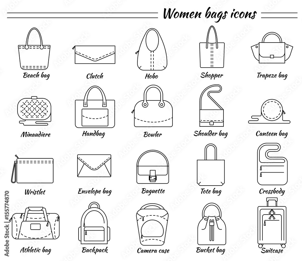 Set of 20 line icons. Different types of women bags. Beach, hobo, shopper,  clutch, miniaudiere, handbag, wristlet, baguette, crossbody, bucket,  suitcase, backpack etc. Vector illustration. Stock Vector