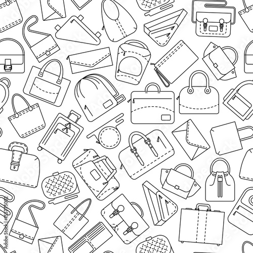 Seamless pattern. Different bags and cases in linear icons style. Black and white colors. Vector illustration.