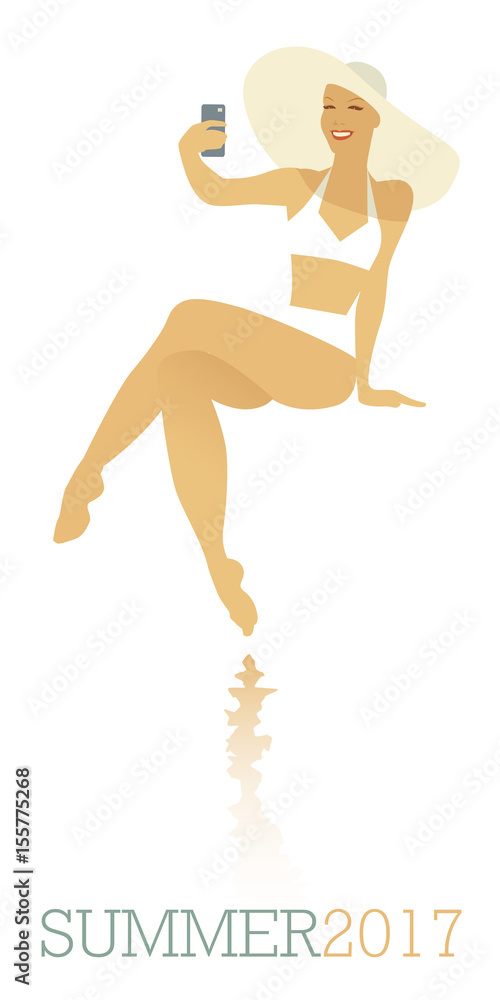 Fototapeta premium Girl taking a selfie in the pool. Retro style. Vector Illustration