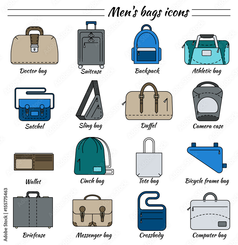 Set of 16 colorful pictures in linear style. Different types of men's bag.  Backpack, athletic, satchel, sling, camera case, wallet, briefcase,  messenger, crossboby etc. Vector illustration. Stock Vector | Adobe Stock
