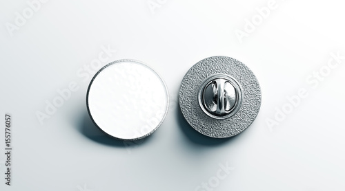 Blank white round silver lapel badge mock up, front and back side view, 3d rendering. Empty hard enamel pin mockup. Metal clasp-pin design template. Expensive curcular brooch for logo presentation photo