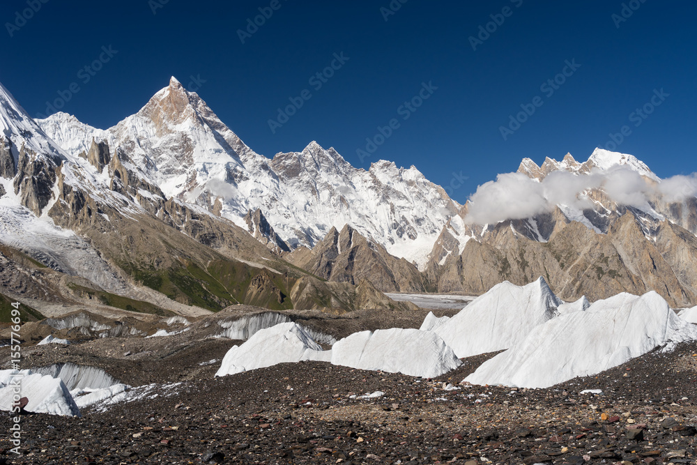 Fototapeta premium Masherbrum mountain peak or K1 mountain at Goro II camp, K2 trek, Skardu, Pakistan