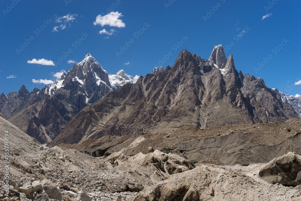 Paiju peak and Uli Biafo peak behind Baltoro glacier, K2 trek, Skardu, Gilgit Baltistan, Pakistan