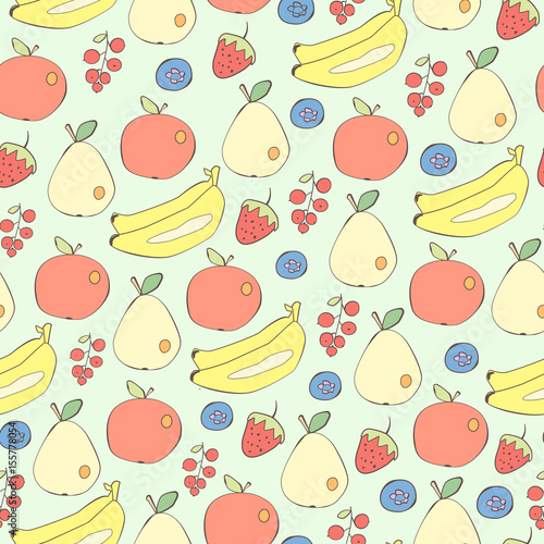 Different fruits and berries seamless vector background. In the cartoon style. Good for children s design