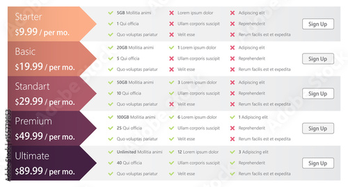 pricing table template for web design and business