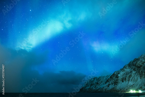 Amazing and Unique Northern Lights Aurora Borealis Over Lofoten Islands in Norway, Over the Polar Circle.