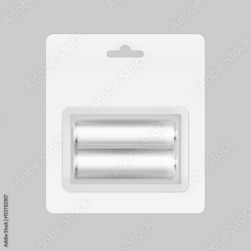 Vector White Silver Gray Glossy Alkaline AA Batteries in White Blister Packed for branding Close up Isolated on Background