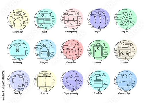 Set of 15 line style icons with decorative elements. Different types of men's bag. Backpack, athletic, satchel, bicycle frame bag, briefcase, messenger, etc. Color backgrounds. Vector illustration.