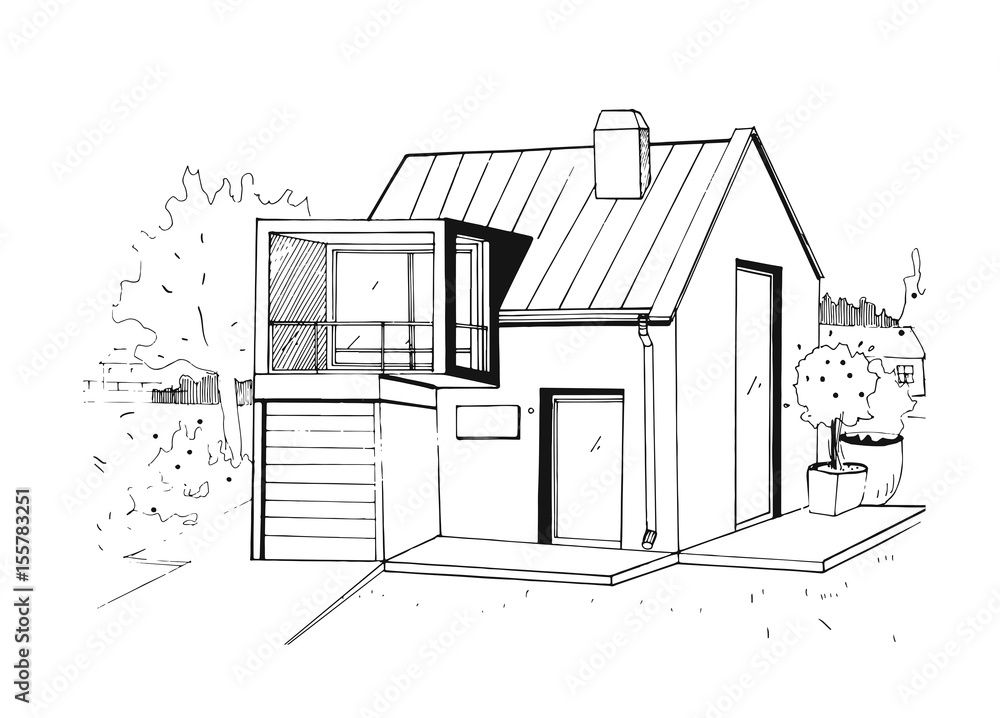 Hand drawn country house. modern private residential house. black and white sketch illustration.