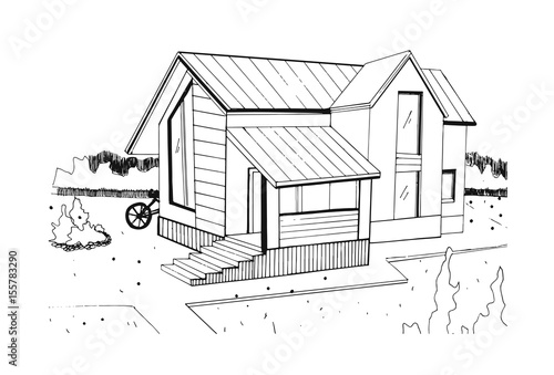 Hand drawn cottage. modern private residential house. black and white sketch illustration.