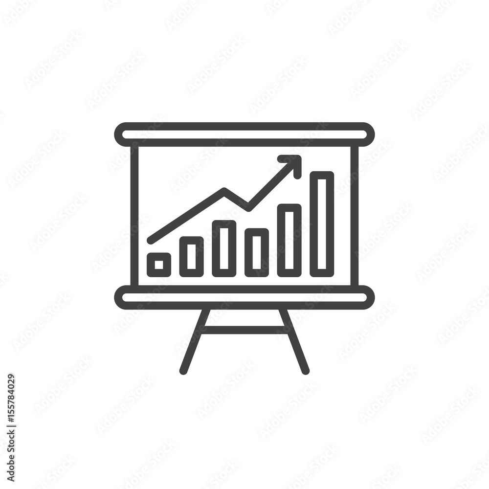 Whiteboard with growing chart line icon, outline vector sign, linear style pictogram isolated on white. Symbol, logo illustration. Editable stroke. Pixel perfect Whiteboard with growing chart line icon, outline vector sign, linear style pictogram isolated on white. Symbol, logo illustration. Editable stroke. Pixel perfect