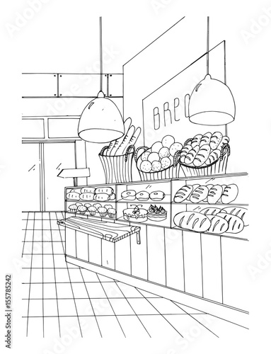 bread department hand drawn black and white illustration, store interior